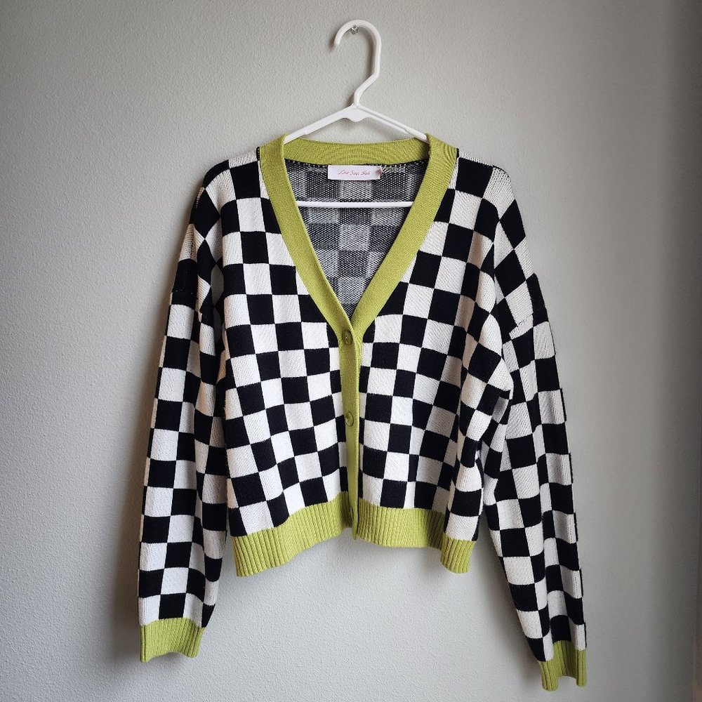 Lisa Says Gah M/L Andretti Cardigan - Checkered Racing Flag Black White Lime